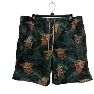 Star Wars Men's Baby Yoda Swim Trunks Large Green Tropical Leaf Pattern